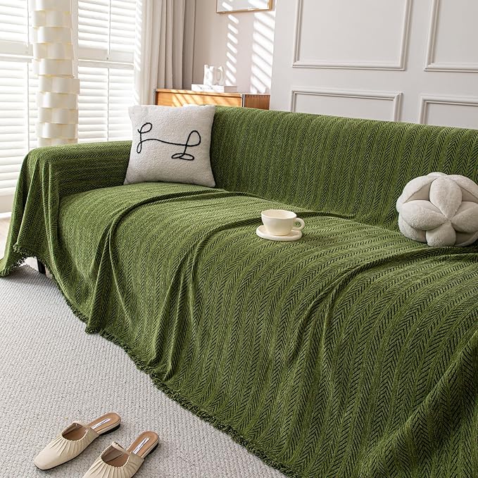 Boho Chenille Couch Cover for Dogs, Non Slip Sofa Cover, Couch Slipcover Covers for 3 Cushion, Furniture Protector with Tassels for Pets Washable, 71"x102", Fishbone Green