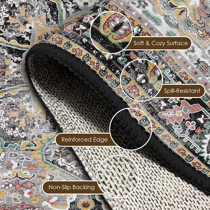 Washable Area Rug 8' x 10' Vintage Traditional Persian Mat - Foldable Distressed Non-Slip Machine Washable Carpet for Living Room Bedroom Kitchen Home Decor - Slate and Multicolor