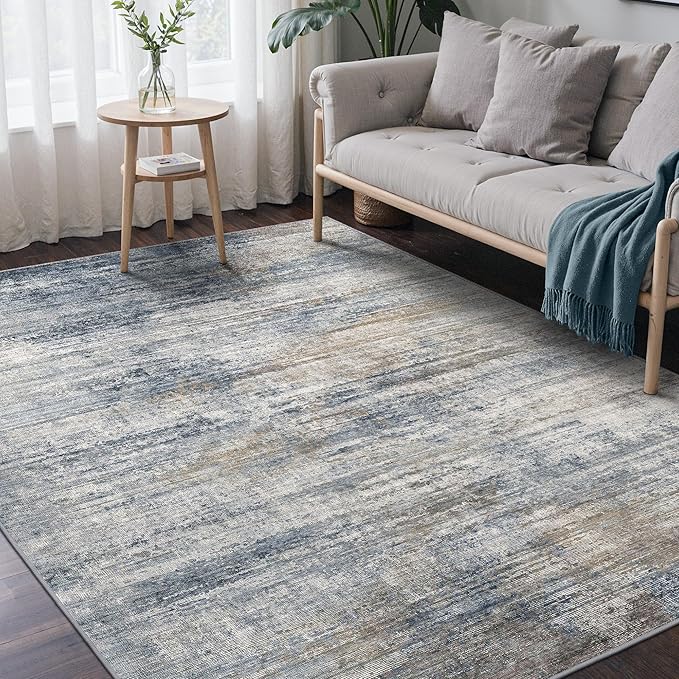 BEIMO Area Rugs 5x7 for Living Room Bedroom, Modern Abstract Machine Washable Rug, Large Soft Low Pile Floor Carpet with Non Slip Backing for Dining Room, Denim Blue/Taupe