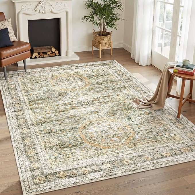 6x9 Area Rug for Living Room Washable 6x9 Non-Slip Modern Rugs for Bedroom Dinning Room Ultra-Thin Indoor Green Orange