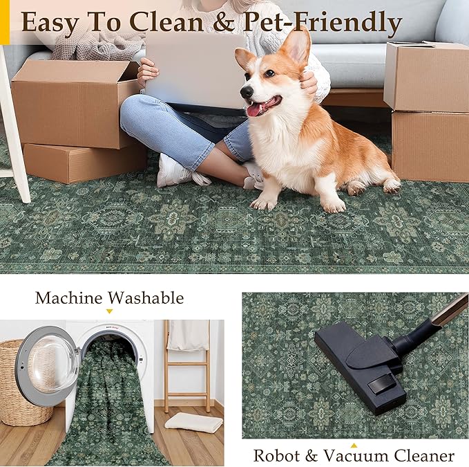 6x9 Washable Area Rug for Living Room Bedroom Vintage Green Carpet Soft Low Pile Traditional Retro Non Slip Throw Rug for Dining Room Entryway Indoor Dorm Kitchen