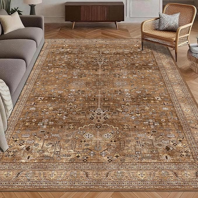 Washable Area Rug 9' x 12' Vintage Traditional Persian Mat - Foldable Distressed Non-Slip Machine Washable Carpet for Living Room Bedroom Kitchen Home Decor - Bronze and Ivory