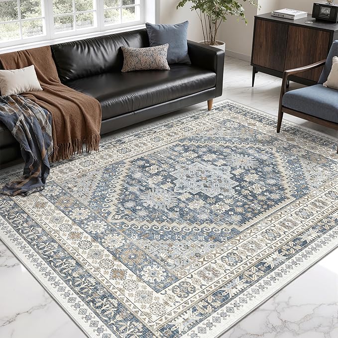 6x9 Area Rugs for Living Room,Soft Low Pile Indoor Washable Rugs for Bedroom, Non-Slip Backing Vintage Large Area Rug, Printed Vintage Floral Carpet(Blue/Beige,6'x9')