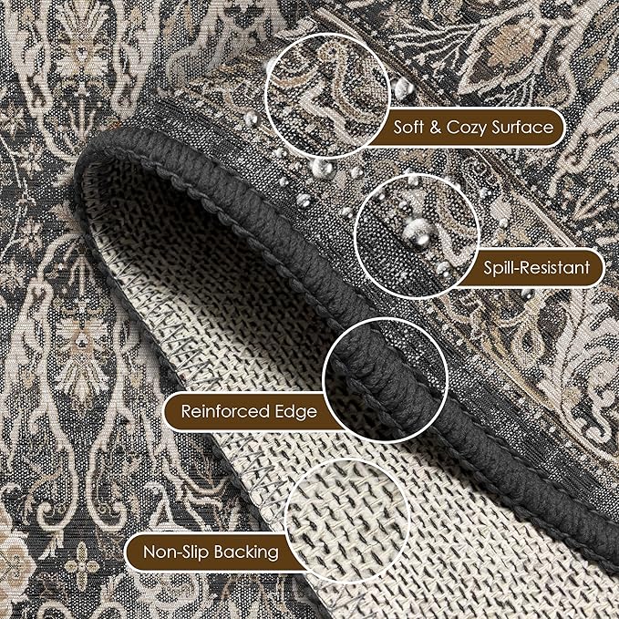 Washable Area Rug 2'6'' x 8' Vintage Traditional Persian Mat - Foldable Distressed Non-Slip Machine Washable Carpet for Living Room Bedroom Kitchen Home Decor - Ebony and Taupe