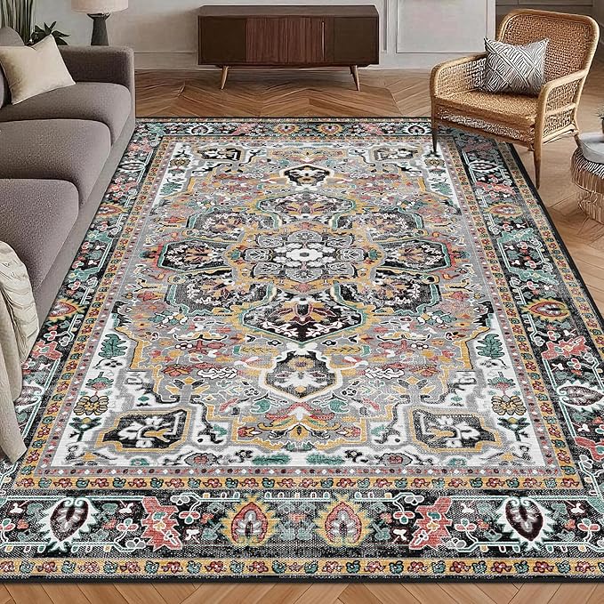 Washable Area Rug 8' x 10' Vintage Traditional Persian Mat - Foldable Distressed Non-Slip Machine Washable Carpet for Living Room Bedroom Kitchen Home Decor - Slate and Multicolor