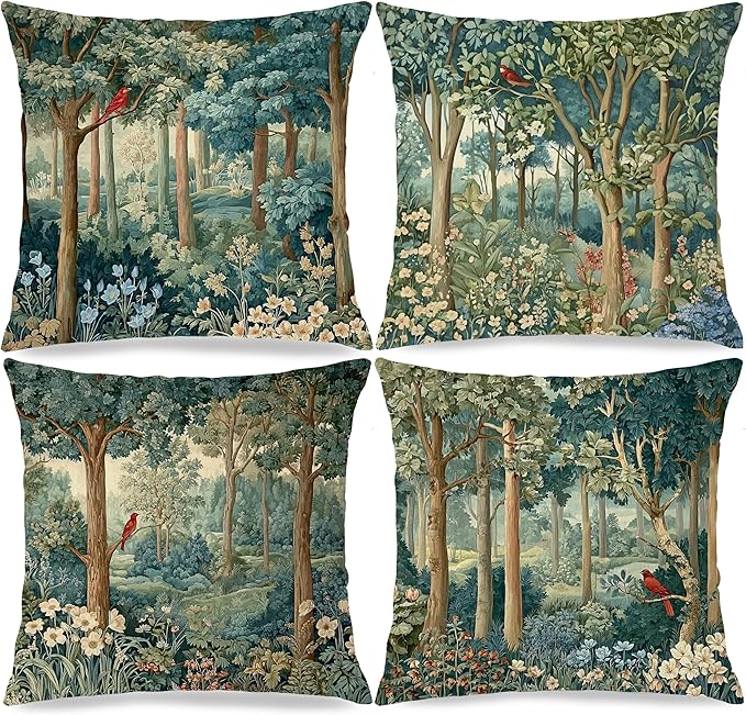 Rustic Spring Forest Green Pillow Covers 18x18 Set of 4, Cottagecore Forest Nature Botanical Wildflower Decorative Throw Pillow Covers for Sofa Bed Bedroom Living Room