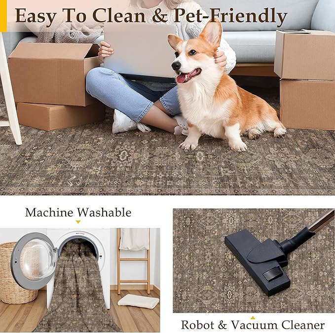 2x6 Washable Runner Rug for Hallway Kitchen Vintage Brown Non Slip Low Pile Carpet Traditional Retro Soft Throw Rug for Bathroom Bedroom Entryway Indoor Entrance
