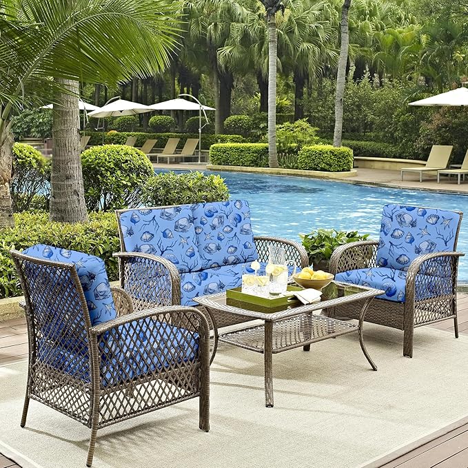 8Pcs Outdoor Cushion Covers, Patio Cushion Covers,Stretch Elastic Slipcovers, Replacement Washable & Reusable Furniture Protector for Patio Couch (Shells & Fish,Cover Only)