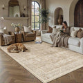 6x9 Washable Area Rug for Living Room Bedroom Vintage Beige Carpet Soft Low Pile Traditional Retro Non Slip Throw Rug for Dining Room Entryway Indoor Dorm Kitchen