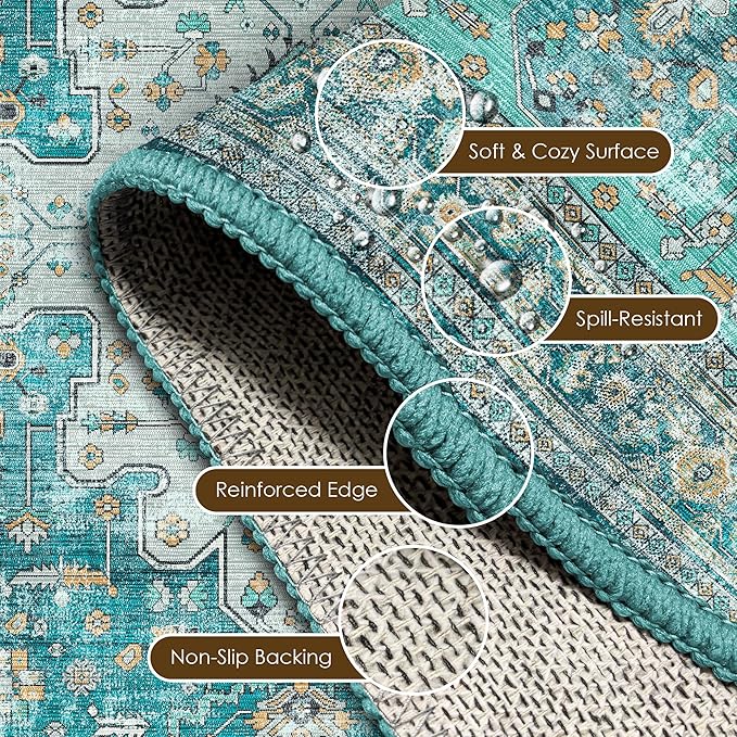 Washable Area Rug 6' x 9' Vintage Traditional Persian Mat - Foldable Distressed Non-Slip Machine Washable Carpet for Living Room Bedroom Kitchen Home Decor - Teal and Gold