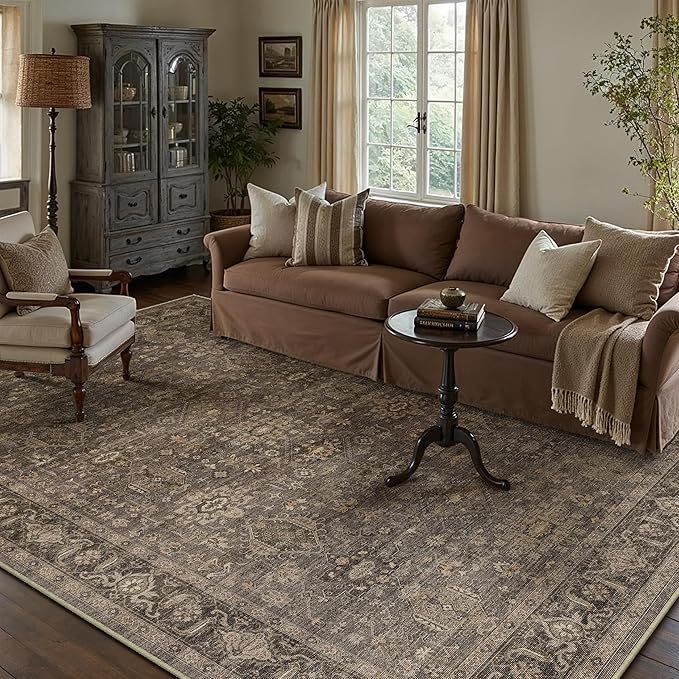 12x15 Washable Area Rug for Living Room Bedroom Vintage Brown Non Slip Carpet Traditional Retro Soft Low Pile Large Throw Rug for Dining Room Kitchen Office Indoor