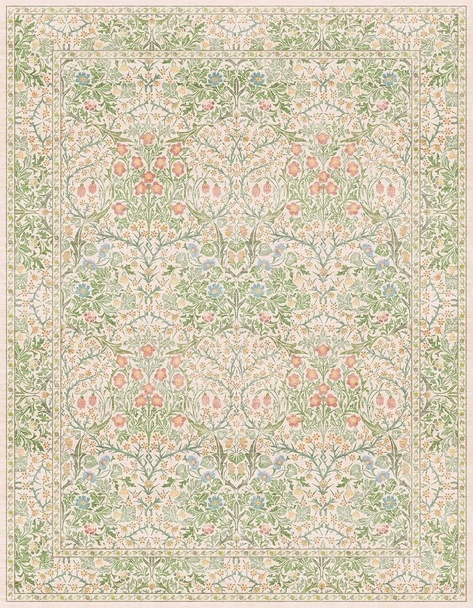 Hazo Haus Light Beige Green Floral Living Room Rug, 7x9 Washable Area Rug for Kids Room, Bedroom, Nursery Room, Living Room, Dining Room, Low Pile Non-Slip - Vintage Design & Stain Resistance