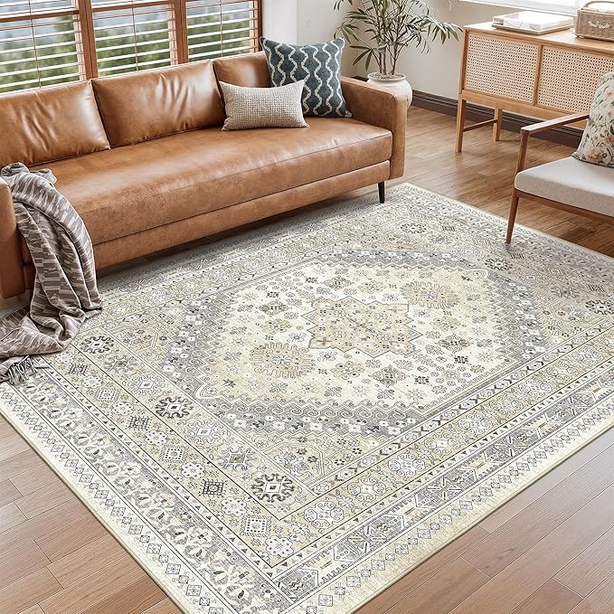 Area Rugs 5x7, Ultra-Thin Washable Rugs for Living Room, Anti-Slip Backing Area Rug for Bedroom, Soft Floral Vintage Home Decor Rug for Dining Room(Beige,5'x7')