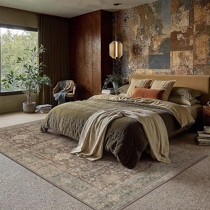 5x7 Washable Area Rug for Living Room Bedroom Vintage Rust Red Soft Low Pile Carpet Traditional Retro Non Slip Throw Rug for Dining Room Entryway Indoor Dorm Kitchen
