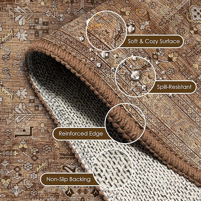 Washable Area Rug 3' x 5 ' Vintage Traditional Persian Mat - Foldable Distressed Non-Slip Machine Washable Carpet for Living Room Bedroom Kitchen Home Decor - Bronze and Ivory