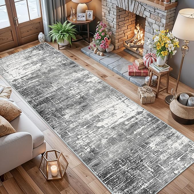 Washable 12ft Kitchen Area Rug: Abstract Entryway Rug Runner Soft Bedroom Besides Floor Mat Non-Slip Indoor Carpet for Bathroom Living Room Stain Resistant Runner for Family(2'6x12,Black/Grey)