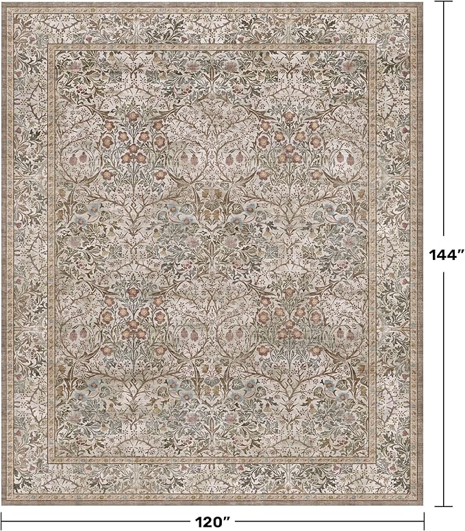 Washable Living Room Rug 10x12 - Moss Green Oriental Area Rug for Dining Room Under Table, Low Pile Non-Slip Floor Carpet for Bedroom Under Bed - Vintage Earthy Design & Stain Resistance