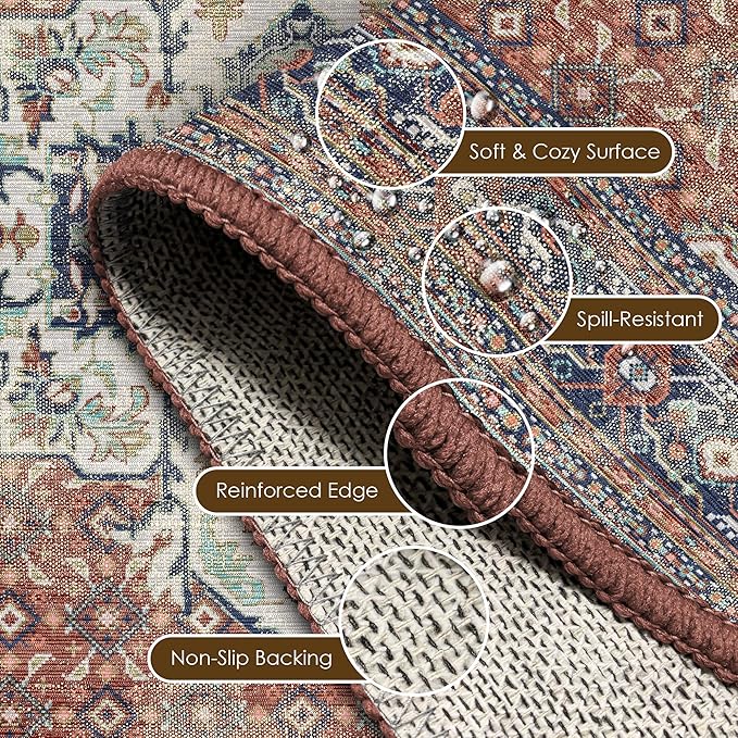 Washable Area Rug 3' x 5 ' Vintage Traditional Persian Mat - Foldable Distressed Non-Slip Machine Washable Carpet for Living Room Bedroom Kitchen Home Decor - Terracotta and Navy