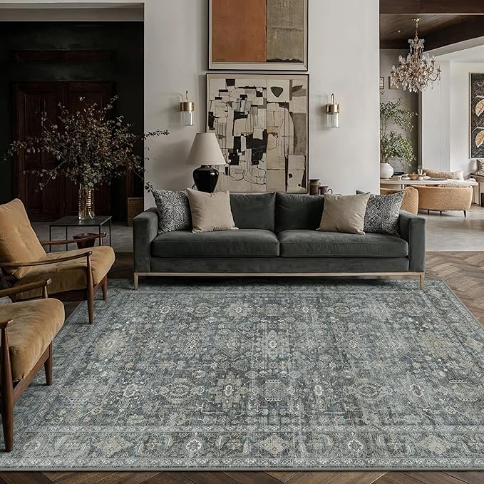 5x7 Washable Area Rug for Living Room Bedroom Vintage Black Grey Soft Low Pile Carpet Traditional Retro Non Slip Throw Rug for Dining Room Entryway Indoor Dorm Kitchen
