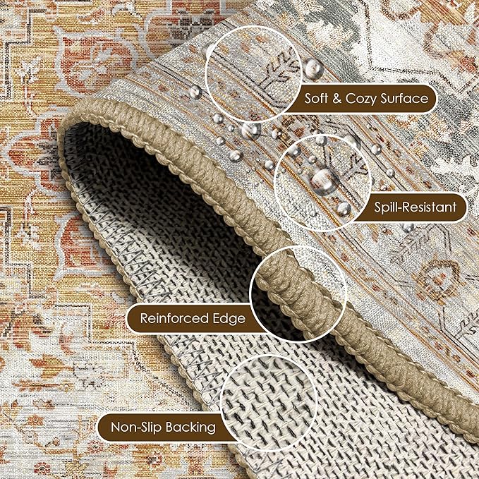 Washable Area Rug 8' x 10' Vintage Traditional Persian Mat - Foldable Distressed Non-Slip Machine Washable Carpet for Living Room Bedroom Kitchen Home Decor - Dove Gray and Coral