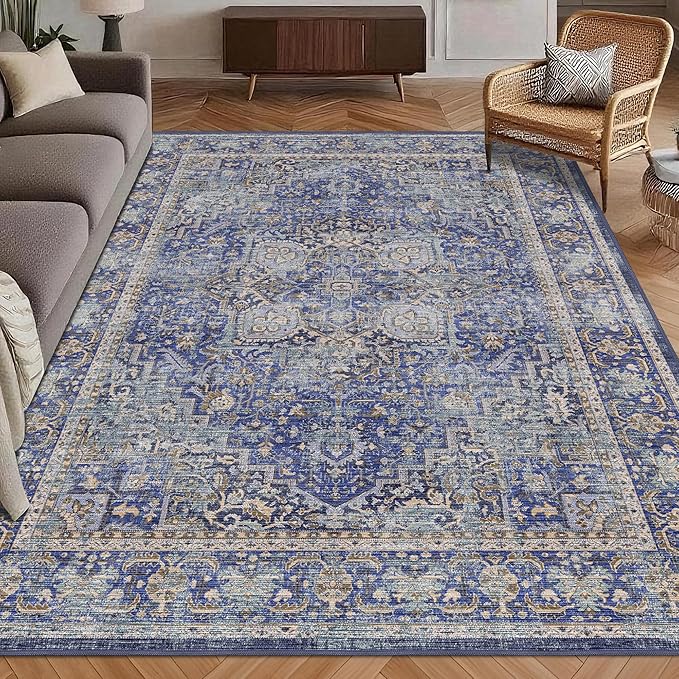 Washable Area Rug 9' x 12' Vintage Traditional Persian Mat - Foldable Distressed Non-Slip Machine Washable Carpet for Living Room Bedroom Kitchen Home Decor - Indigo and Gold