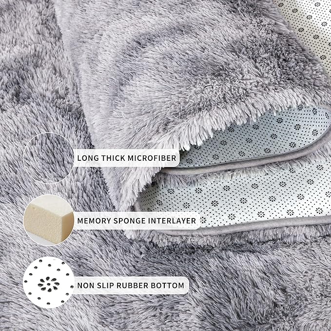 Tepook Soft Fluffy Rugs for Living Room, 5x8 Shaggy Area Rug for Bedroom, Modern Shag Rug Fuzzy Carpets for Kids, Plush Indoor Nursery Home Decor Rug with Non-Slip Bottom, Tie-dye Light Grey