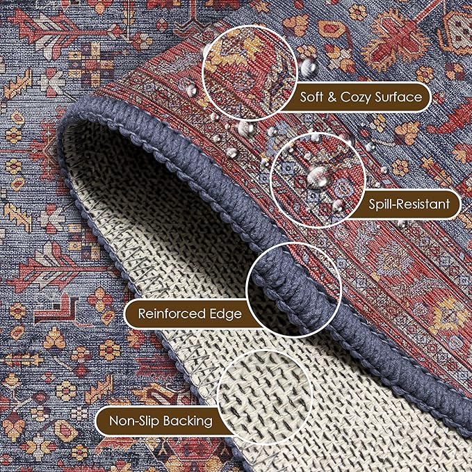 Washable Area Rug 5' x 7' Vintage Traditional Persian Mat - Foldable Distressed Non-Slip Machine Washable Carpet for Living Room Bedroom Kitchen Home Decor - Indigo and Crimson