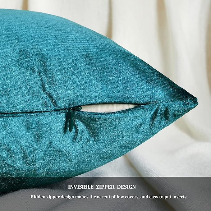 GIGIZAZA Decorative Throw Pillow Covers 18 x 18,Set of 2 Sofa Cushion Teal Peacock Green Pillow Covers,Velvet Pillow Square Cushion Covers