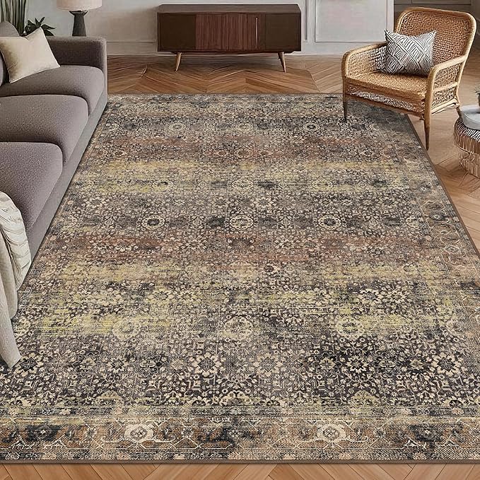 Washable Area Rug 8' x 10' Vintage Traditional Persian Mat - Foldable Distressed Non-Slip Machine Washable Carpet for Living Room Bedroom Kitchen Home Decor - Umber and Slate