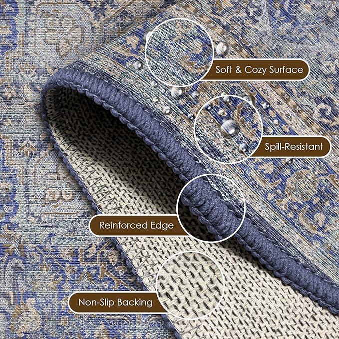 Washable Area Rug 9' x 12' Vintage Traditional Persian Mat - Foldable Distressed Non-Slip Machine Washable Carpet for Living Room Bedroom Kitchen Home Decor - Indigo and Gold