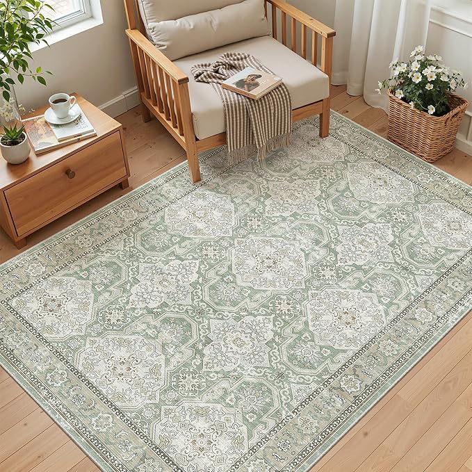 3x5 Rug, Small Area Rug for Kitchen, Entryway, Machine Washable Non-Slip Throw Rug, Vintage Carpet for Nursery Coffee Table Green/Brown