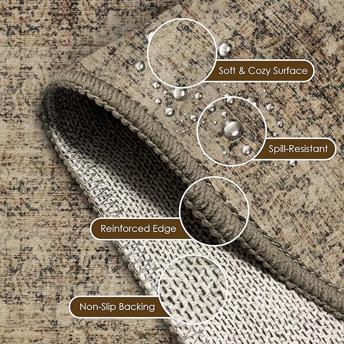 Washable Area Rug 4' x 6' Vintage Traditional Persian Mat - Foldable Distressed Non-Slip Machine Washable Carpet for Living Room Bedroom Kitchen Home Decor - Mocha and Taupe