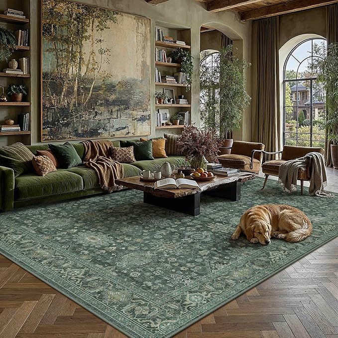 9x12 Washable Area Rug for Living Room Bedroom Vintage Green Non Slip Carpet Traditional Retro Soft Low Pile Large Throw Rug for Dining Room Kitchen Office Indoor