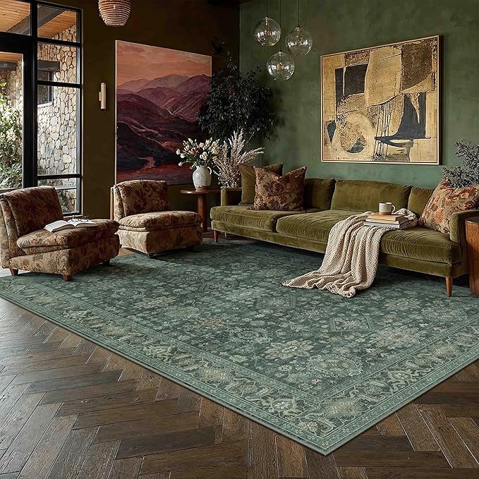 6x9 Washable Area Rug for Living Room Bedroom Vintage Green Carpet Soft Low Pile Traditional Retro Non Slip Throw Rug for Dining Room Entryway Indoor Dorm Kitchen