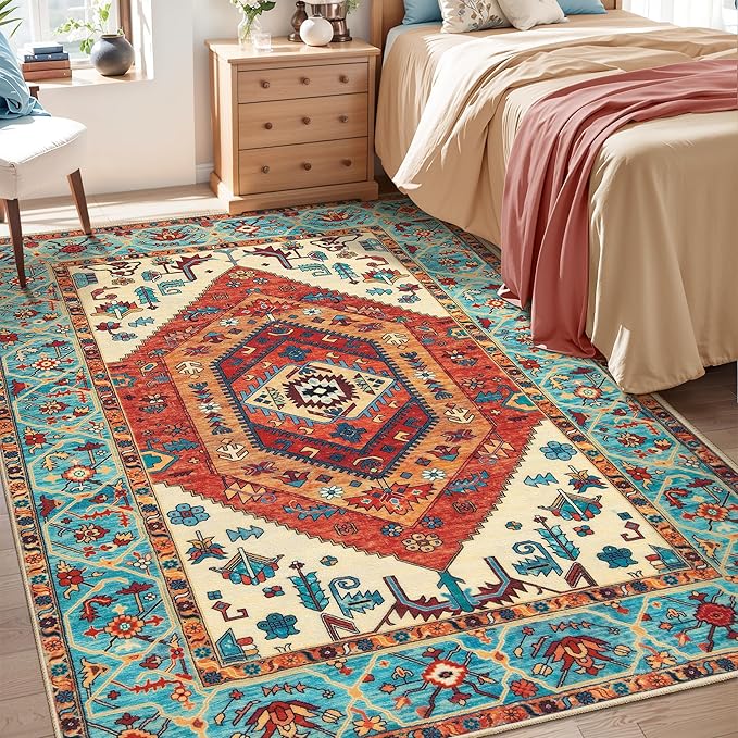 SERISSA Area Rug 3x5 Boho Orange Rugs for Bedroom, Washable Non-Slip Kitchen Rugs, Ultra Soft Print Distressed Tribal Entry Rug Low-Pile Throw Rug Carpet for Bedroom Nursery Living Room Dorm Decor